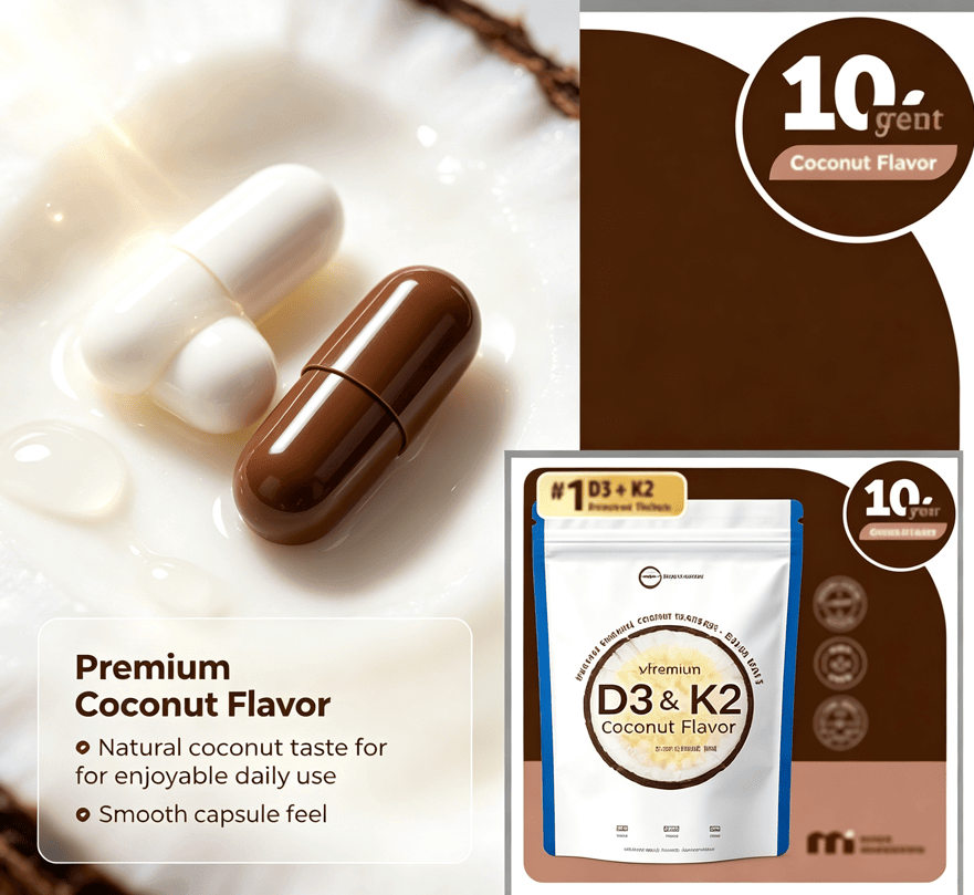 D3 K2 coconut flavor adult vitamin capsules arranged on a plate with a resealable pouch in the background.