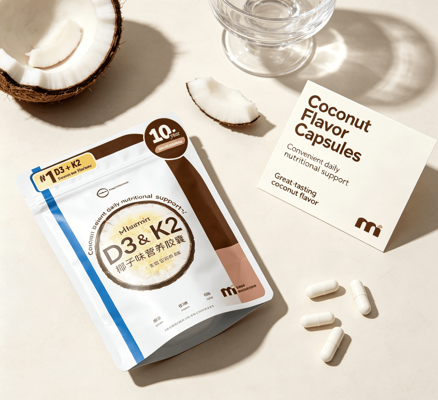 D3 K2 coconut flavor adult vitamin capsules in resealable pouch with coconut pieces on a neutral background.