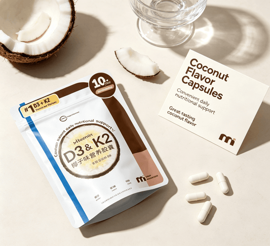 D3 K2 coconut flavor adult vitamin capsules in resealable pouch with coconut pieces on a neutral background.
