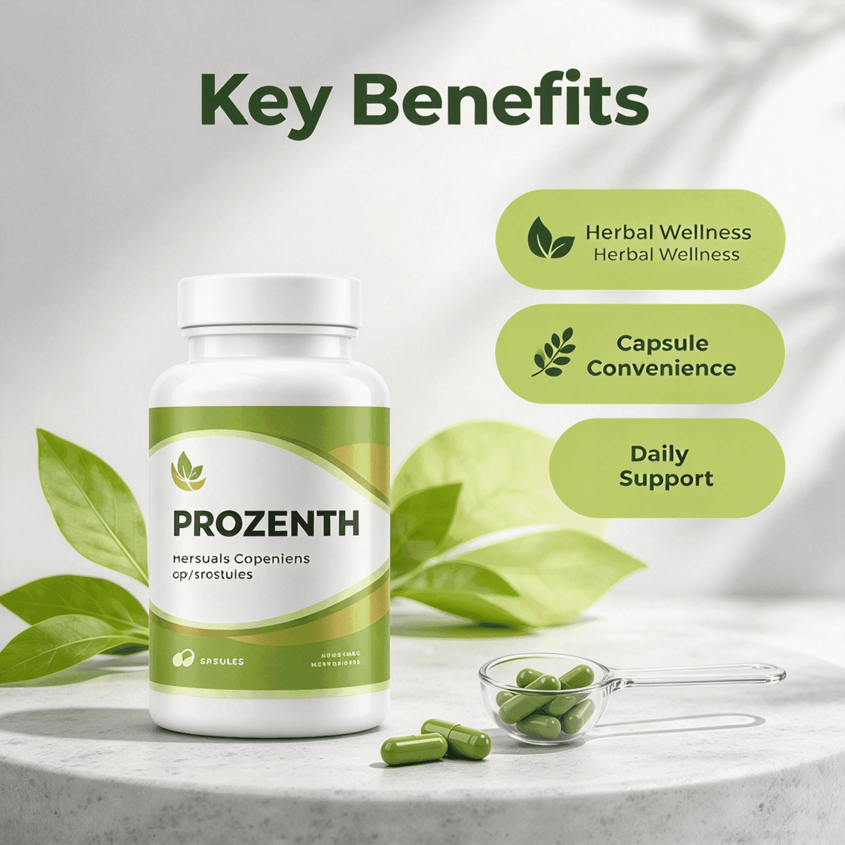 Doba Natural Green Leaf Herbal Capsules, plant-based daily supplement for wellness support, showing green capsules on a white background.
