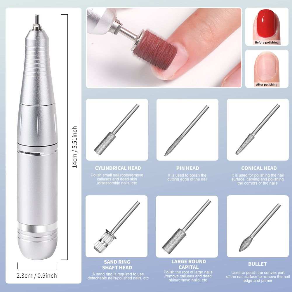 Portable Doba electric nail drill with rechargeable cordless design, 45000 RPM for acrylic, manicure, and pedicure at salon or home.
