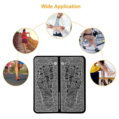Doba EMS foot massage pad with electric stimulator, rechargeable unit for muscle relaxation and pain relief.