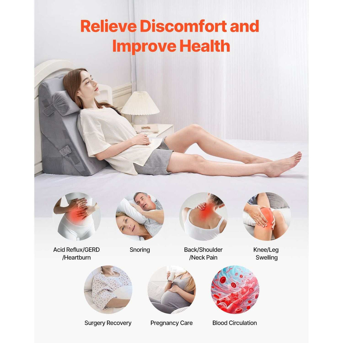 Dark grey Doba adjustable bed wedge pillow set with washable covers, foam supports, ideal for acid reflux, back pain, and snoring relief.