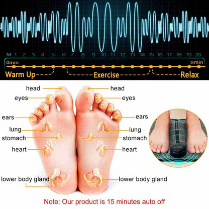 Doba EMS foot massage pad with electric stimulator, showing the rechargeable massager unit for leg muscle pain relief.