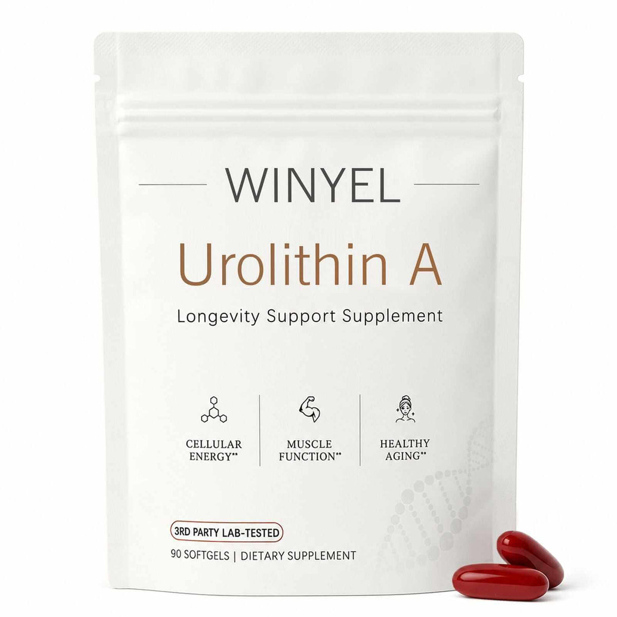 White resealable pouch with brown text labeled WINYEL Urolithin A Supplement, accompanied by two red softgel capsules, highlighting cellular energy and healthy aging benefits.