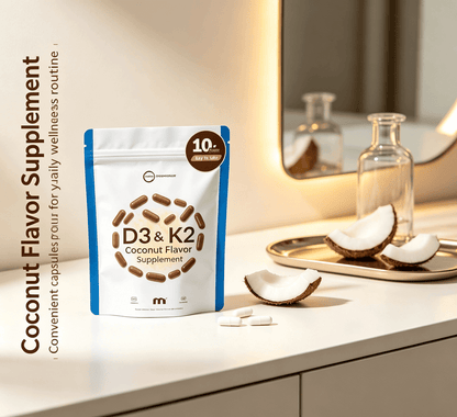D3 & K2 coconut flavor supplement in a white resealable pouch with blue sides, featuring brown capsules and coconut pieces nearby.