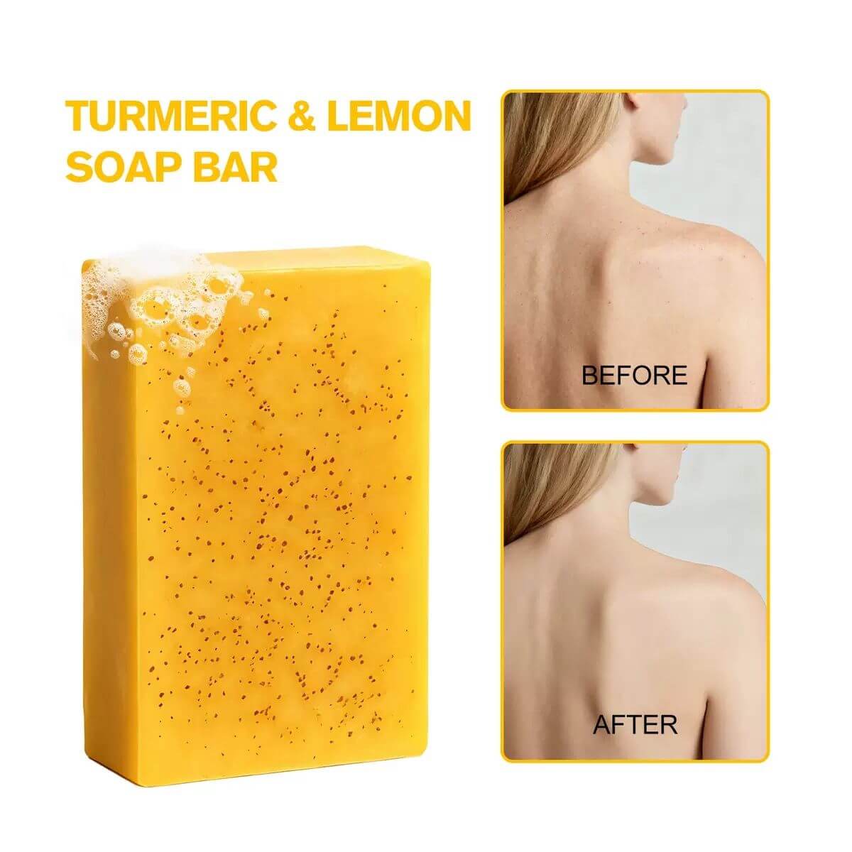 Natural turmeric soap for face and body, showcasing turmeric and lemon soap bar with before and after images.