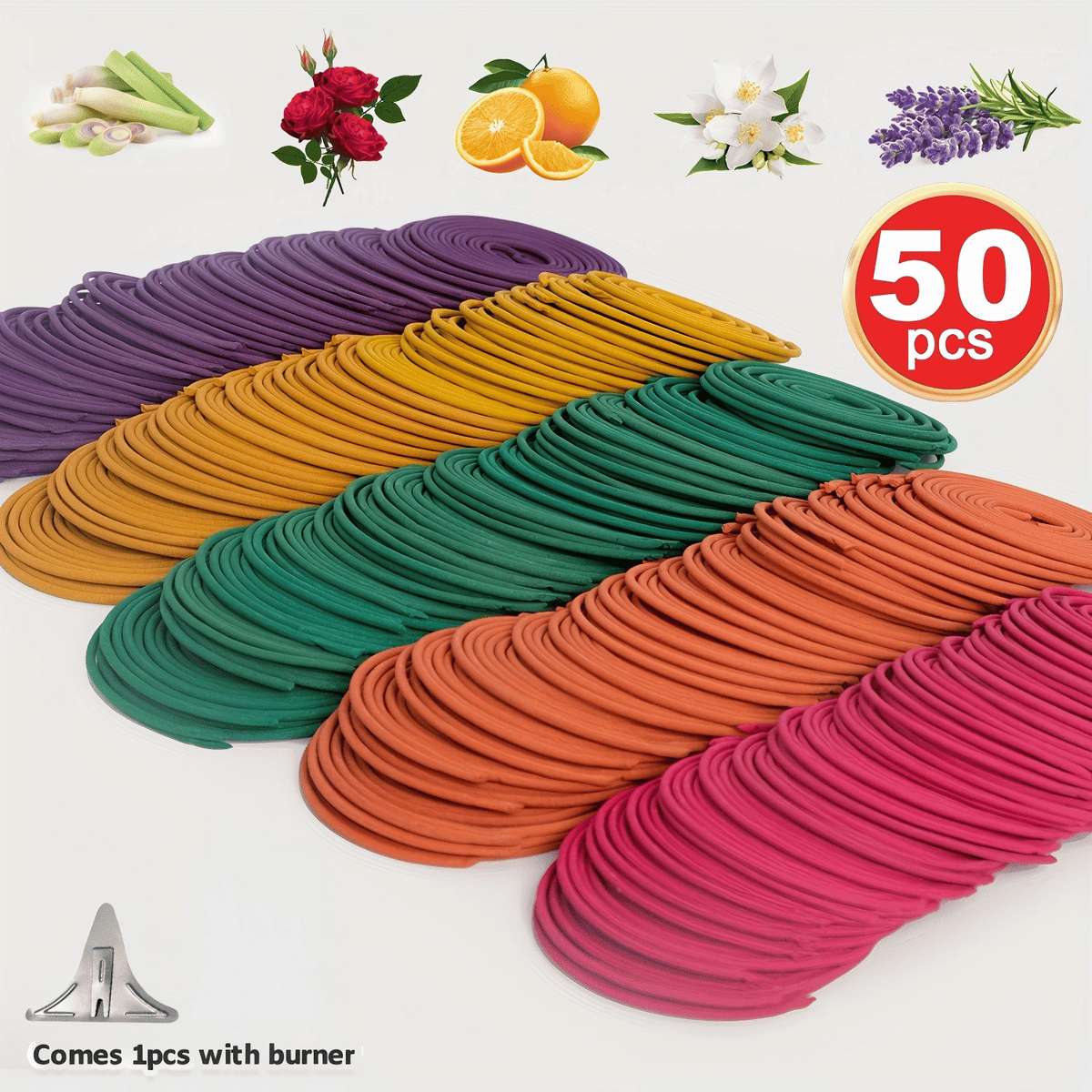 Set of 50 Doba spiral incense coils in lemongrass, rose, jasmine, lavender, and orange, for aromatherapy, meditation, and air purification.