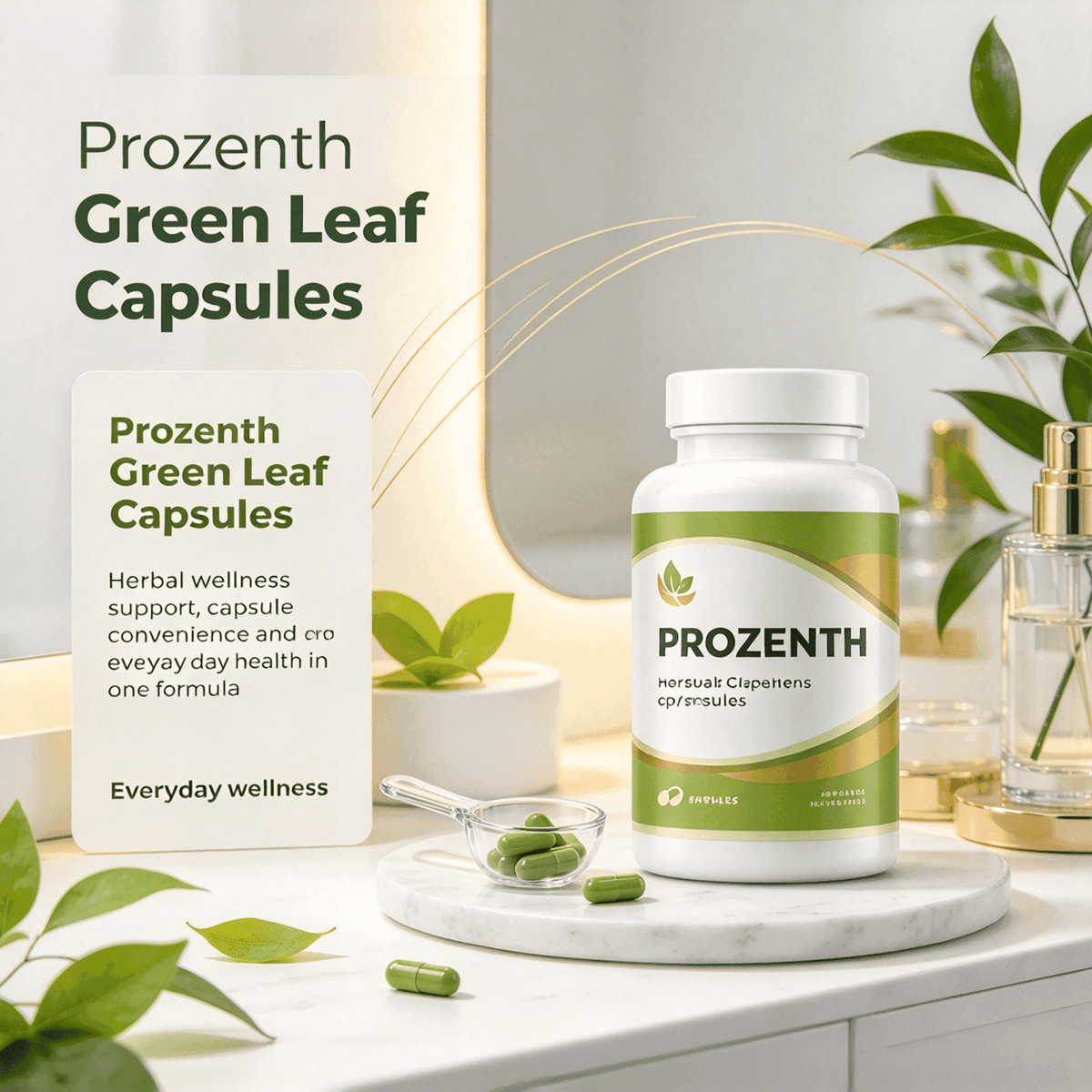 Doba natural green leaf herbal capsules, plant-based daily nutritional supplement for wellness support, shown in a clear container.