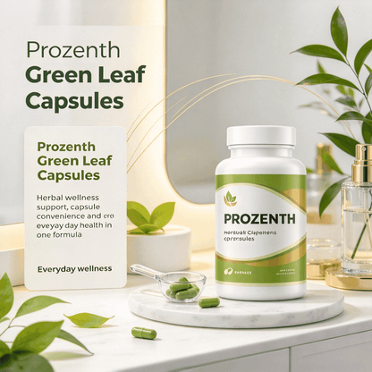 Doba natural green leaf herbal capsules, plant-based daily nutritional supplement for wellness support, shown in a clear container.
