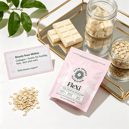 Collagen & Biotin Nutrition Bars in pink resealable pouch, white bar pieces, promoting hair skin nail support with oat flakes nearby