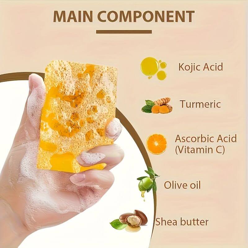 Main components of natural turmeric soap for face and body including turmeric, kojic acid, and shea butter.