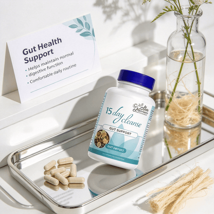 Doba Botanical Blend Gut Wellness Capsules showing natural plant extract dietary supplement capsules in a clear container.