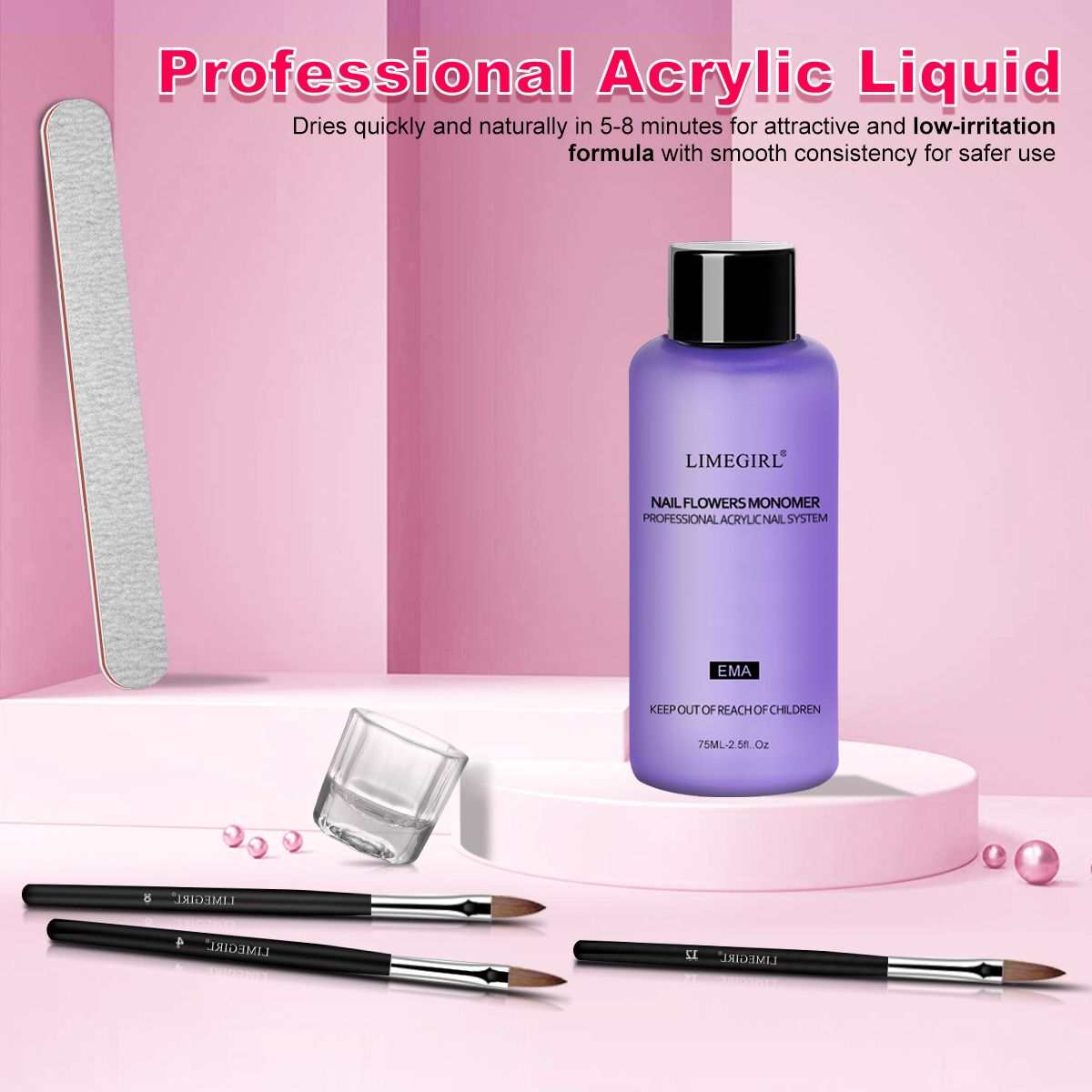 Doba acrylic nail kit with three acrylic powders, monomer liquid, glitter, UV LED lamp, gel polish, and professional nail tools.