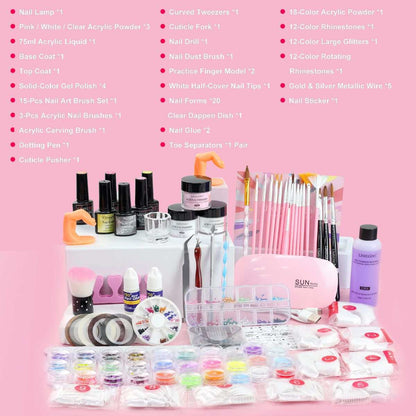 Doba acrylic nail kit featuring three acrylic powders, monomer liquid, glitter, UV LED lamp, gel polish, and professional nail tools.