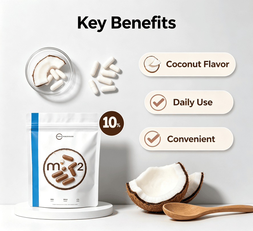Resealable white and blue pouch of D3 & K2 coconut flavor adult wellness capsules with scattered white capsules and coconut pieces nearby.