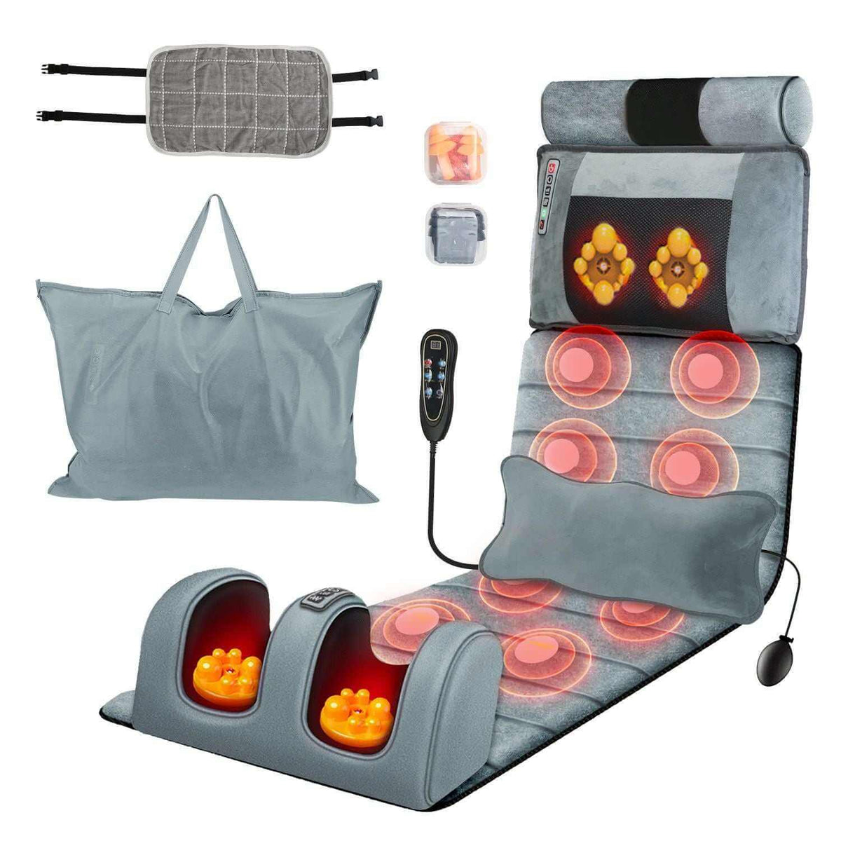 Full body electric massage mat including heating, vibration, and neck foot massage features, ideal for relaxation and stress relief.