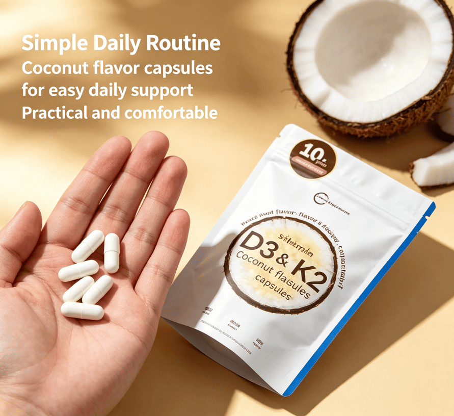 Resealable white pouch of D3 & K2 coconut flavor capsules with plain white capsules in hand alongside a halved coconut.