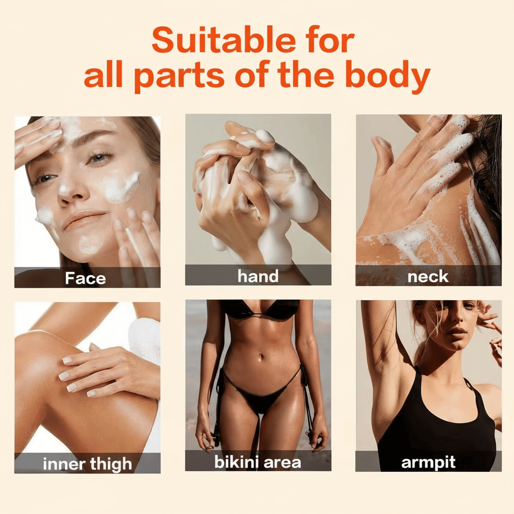 Natural Turmeric Soap shown as white foam lather applied on face, hands, neck, inner thigh, bikini area, and armpit skin.