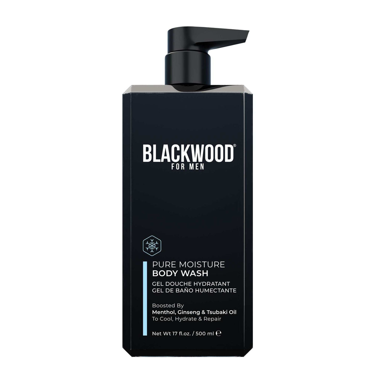 Blackwood For Men Pure Moisture Body Wash in a sleek black 500ml pump bottle with white and blue text detailing ingredients and benefits