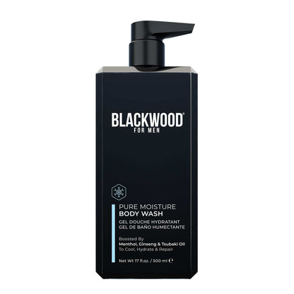 Blackwood For Men Pure Moisture Body Wash in a sleek black 500ml pump bottle with white and blue text detailing ingredients and benefits