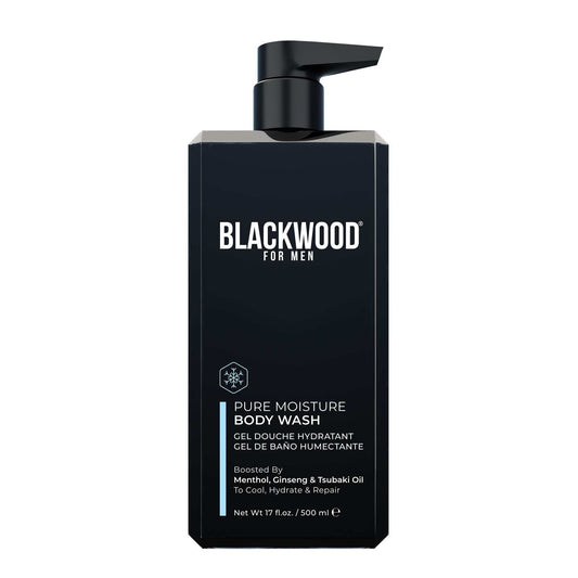 Blackwood For Men Pure Moisture Body Wash in a sleek black 500ml pump bottle with white and blue text detailing ingredients and benefits