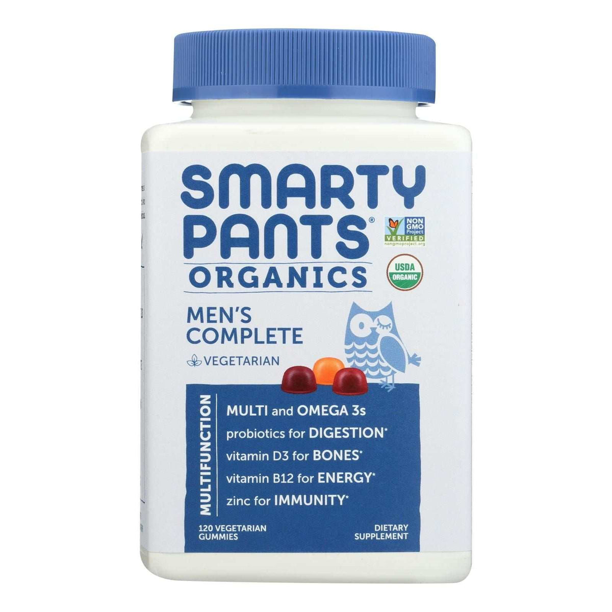 Smartypants - Gummy Vitamin men's complete bottle with a white container, blue lid, and colorful gummy illustrations on the label.