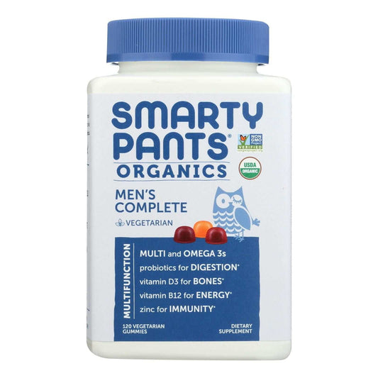 Smartypants - Gummy Vitamin men's complete bottle with a white container, blue lid, and colorful gummy illustrations on the label.