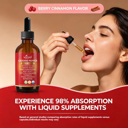 Doba WINYEL Cayenne Pepper Drops herbal supplement bottle with ingredients like hawthorn berry, beet root, cinnamon, turmeric, and berberine.