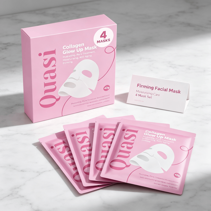 Hydrating Collagen Facial Mask set with four pink individually wrapped sheets and a pastel pink box for moisturizing and firming care.