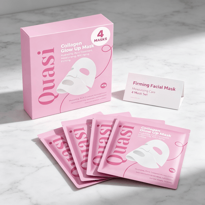 Hydrating Collagen Facial Mask set with four pink individually wrapped sheets and a pastel pink box for moisturizing and firming care.