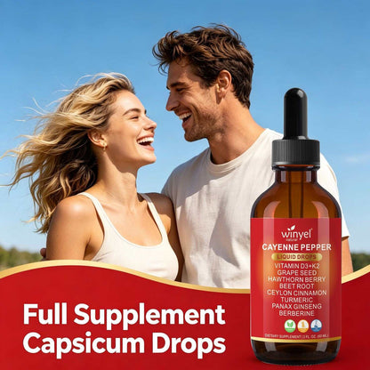 Doba WINYEL Cayenne Pepper Drops herbal supplement bottle with ingredients like hawthorn berry, beet root, turmeric, and cinnamon.