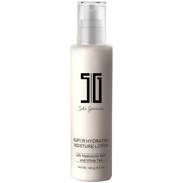 SG Super Hydrating Moisturizer in a white plastic pump bottle featuring black text and branding with antioxidant White Tea and Hyaluronic Acid.