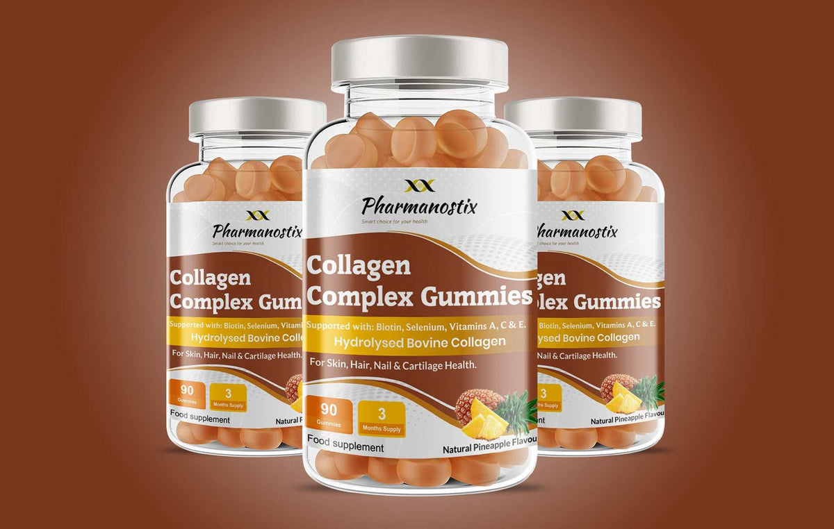 Pharmanostix Collagen Complex 90 gummies with natural pineapple flavor, promoting skin health, displayed in a clear container.