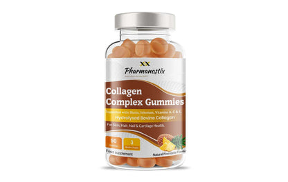 Pharmanostix Collagen Complex 90 gummies with natural pineapple flavor, promoting skin health, shown in a colorful bottle with gummies.