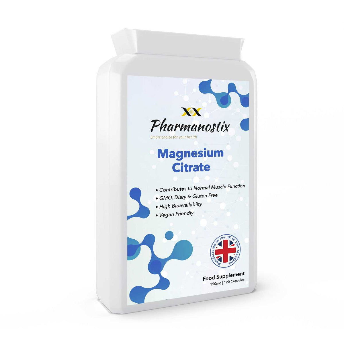 Vegan capsules of Pharmanostix Magnesium CITRATE 500mg supplement for over 50s, showing a bottle with capsules inside.