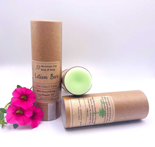 Mountain Top Coconut Lime Lotion Bar showing a smooth, natural lotion bar with a fresh citrus and coconut scent.