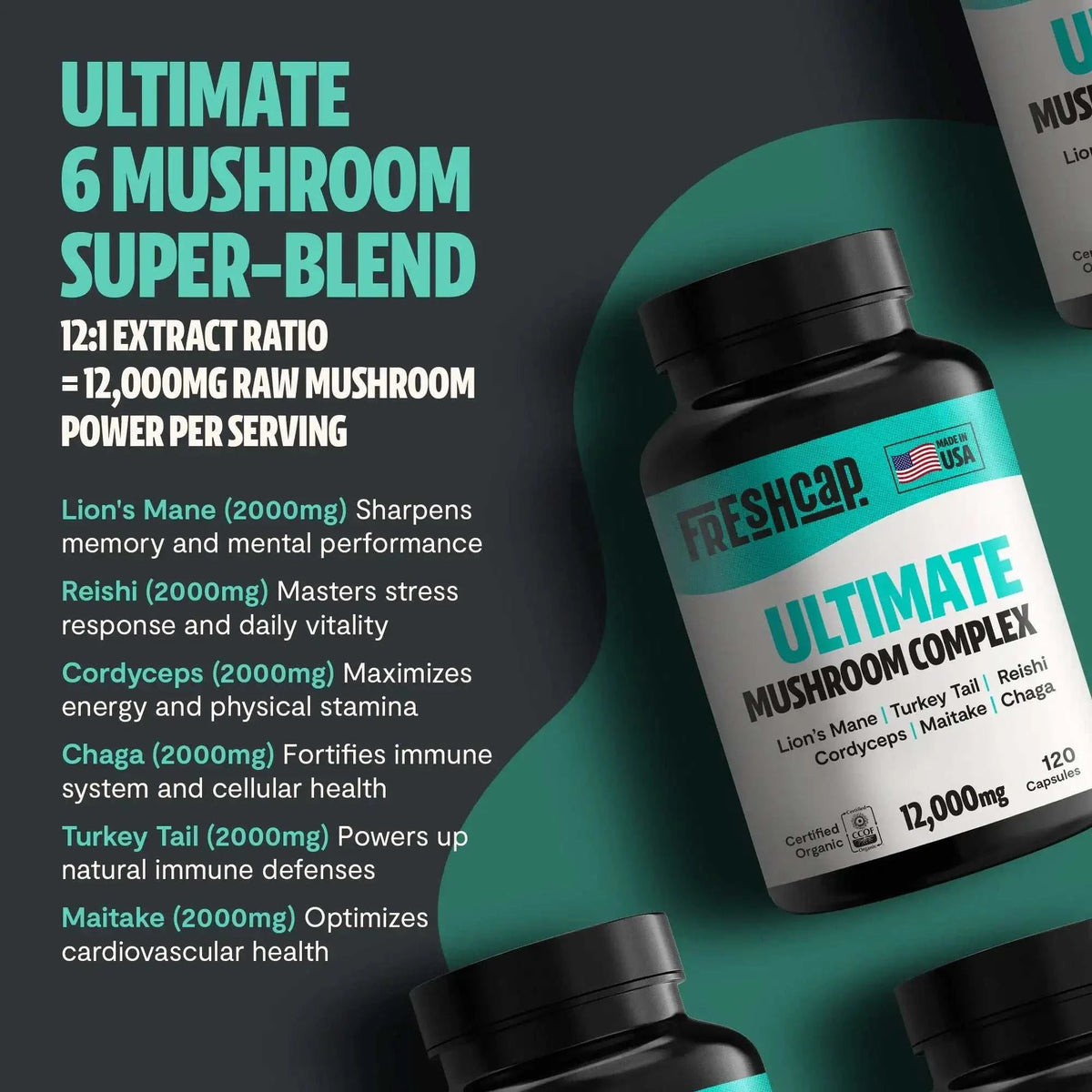 FreshCap Mushrooms Organic Mushroom Complex supplement capsules displayed in a clear container on a white background.