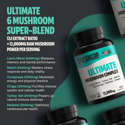 FreshCap Mushrooms Organic Mushroom Complex supplement capsules displayed in a clear container on a white background.