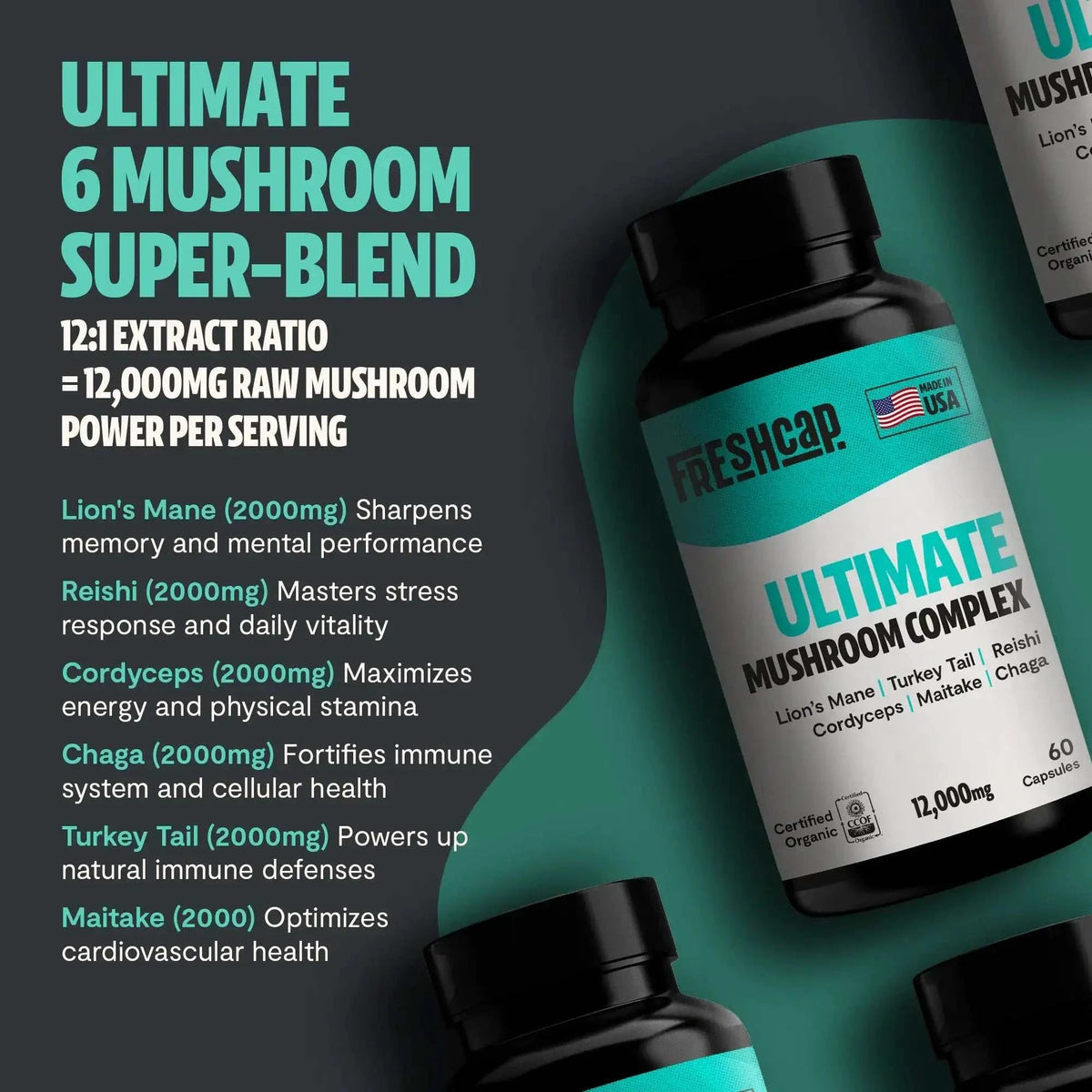 FreshCap Mushrooms Organic Mushroom Complex supplement capsules in a bottle, showing a close-up of the capsules and label.