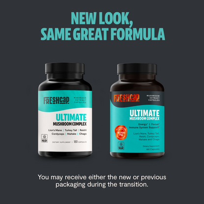 FreshCap Mushrooms Organic Mushroom Complex supplement capsules, showing the capsules in a clear container with a natural background.