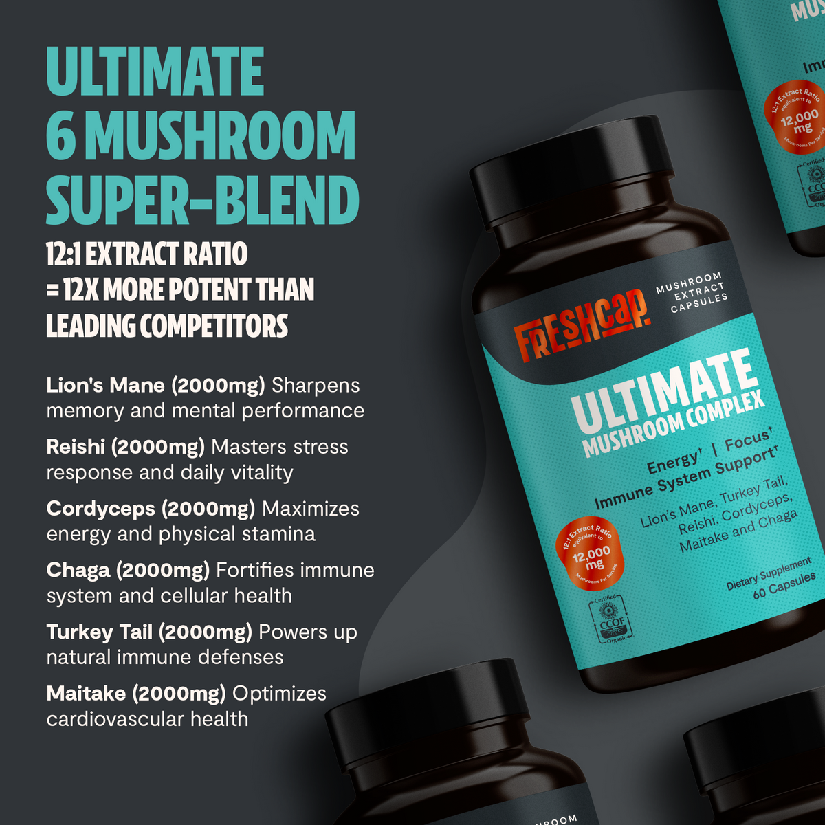 FreshCap Mushrooms Organic Mushroom Complex supplement capsules, showing a close-up of the capsule bottles with labels.