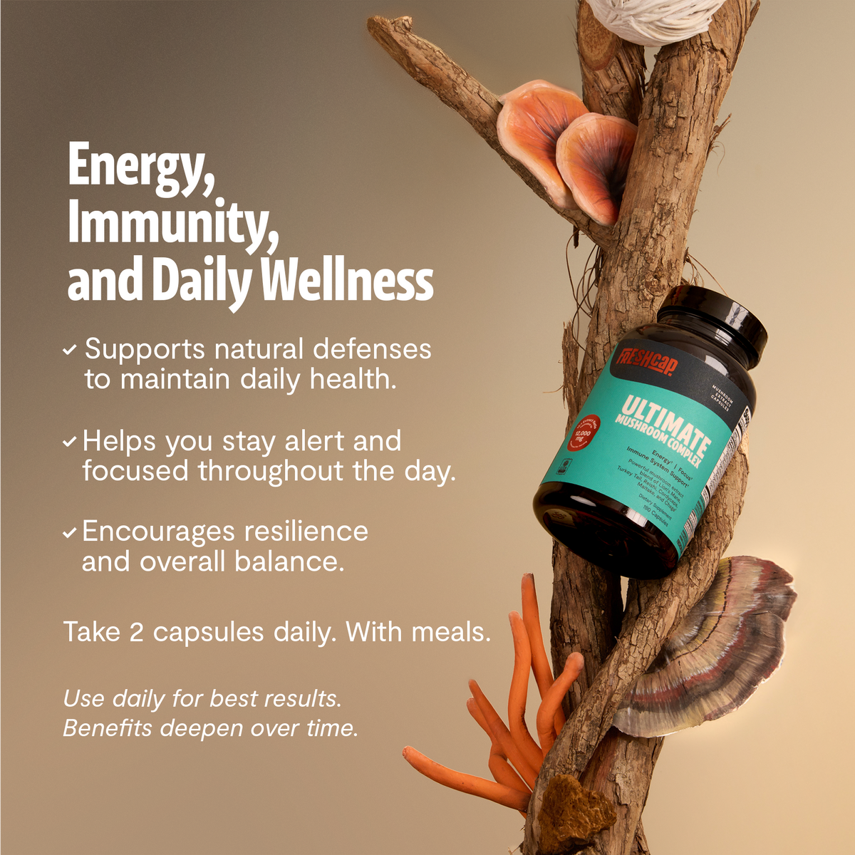 FreshCap Mushrooms Organic Mushroom Complex supplement capsules, showing three capsule bottles on a neutral background.