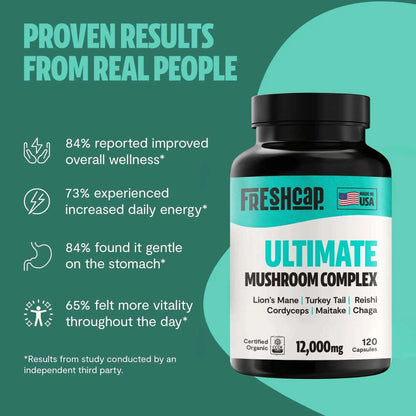 FreshCap Mushrooms Organic Mushroom Complex capsules in a clear bottle with capsules visible inside.