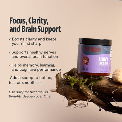 Organic Mushroom Complex supplement capsules by FreshCap Mushrooms, showing a close-up of the capsule bottle and capsules inside.
