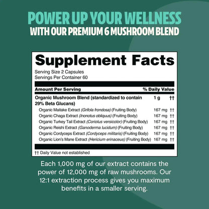 FreshCap Mushrooms Organic Mushroom Complex supplement capsules, showing a close-up of the capsules in a natural setting.
