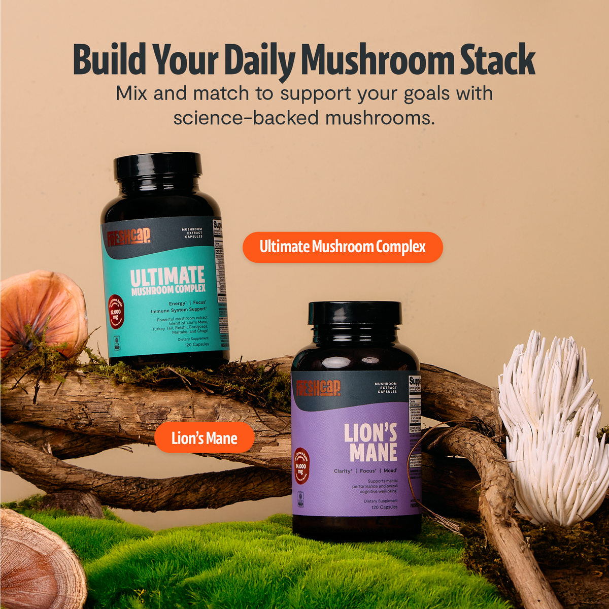FreshCap Mushrooms Organic Mushroom Complex supplement capsules in a clear bottle with a white label and capsules inside.