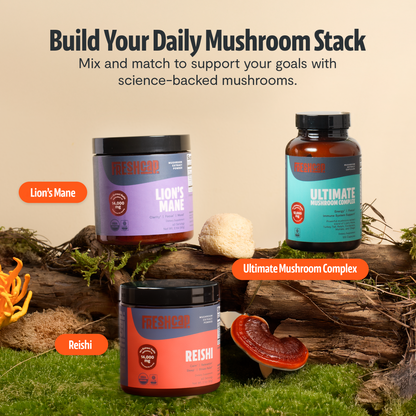 FreshCap Mushrooms Organic Mushroom Complex supplement capsules, showing the capsule bottle and label on a white background.