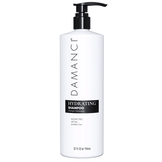 DAMANCI hydrating shampoo bottle, showcasing its sleek design and label for nourishing hair care in a shampoo and conditioner set.