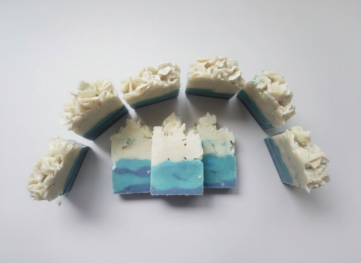 Winter Blue Soap bars in layered white and blue tones with textured creamy tops, artisan-crafted for gentle cleansing.